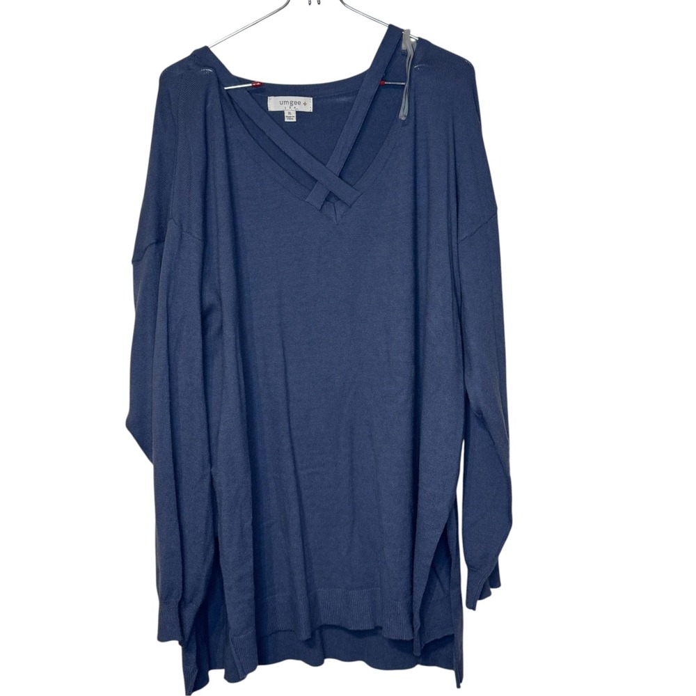 UMGEE Womens Blue V-Neck Knitted Long Sleeve Oversized Tunic Boho Top XL WU3021